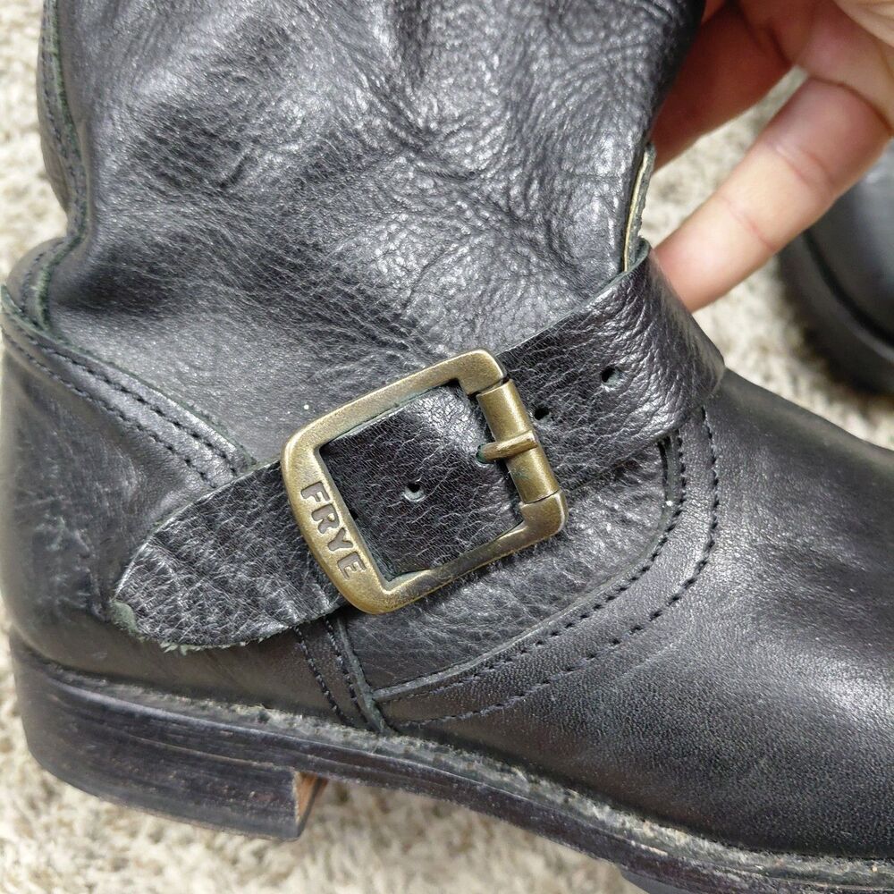 Frye Veronica Slouch Boots Womens 8.5 B Black Leather Riding Moto Harness Buckle - Picture 10 of 11